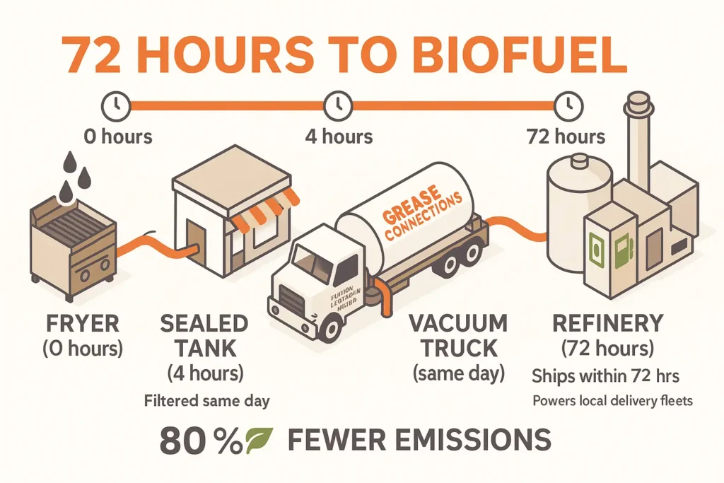 infographic showing fryer → tanker → refinery timeline in 72 hours