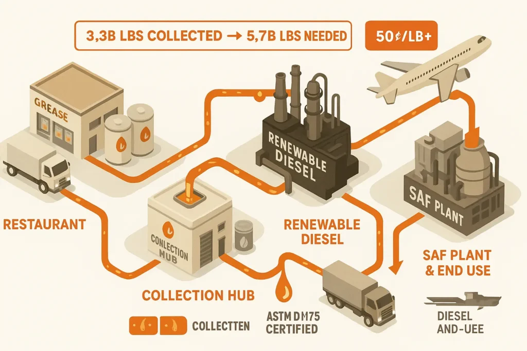Infographic showing UCO flow from restaurant to renewable diesel refinery and SAF plant