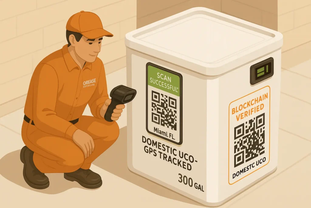 Photo of Grease Connections technician scanning a sealed tote with a QR coded tag