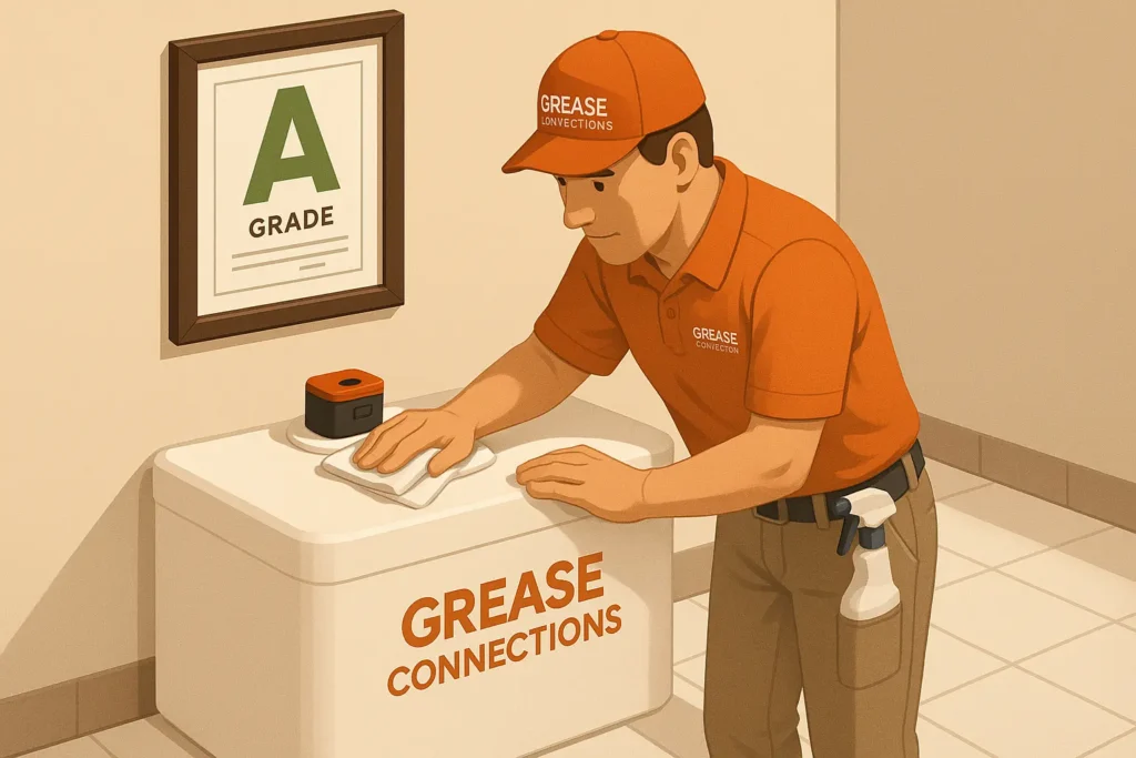 Technician wiping a spotless polymer tank exterior beside a framed health inspection "A" card.