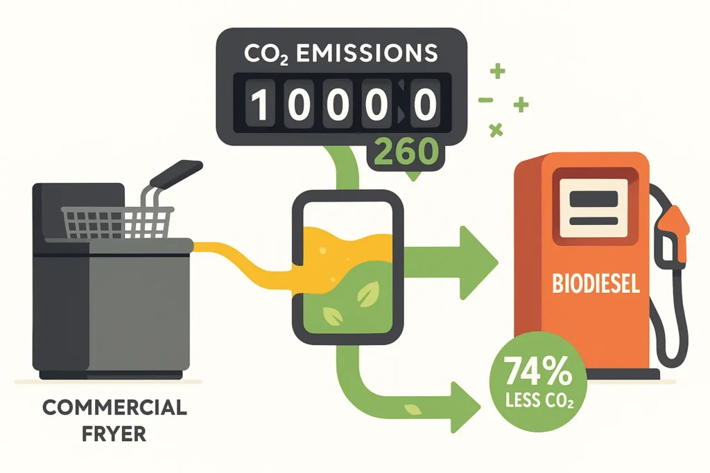 Flat design graphic of a fryer oil container flowing into a fuel pump, with a CO₂ counter rolling backwards