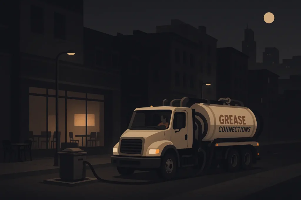 Night time street view with a dimly lit service bay and Grease Connections truck, city skyline in background