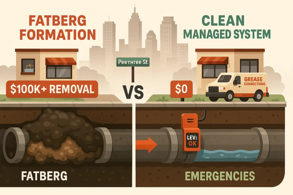 illustration of an Atlanta sewer showing fatberg forming on the left pipe, and a clean, sensor equipped Grease Connections client line on the right.