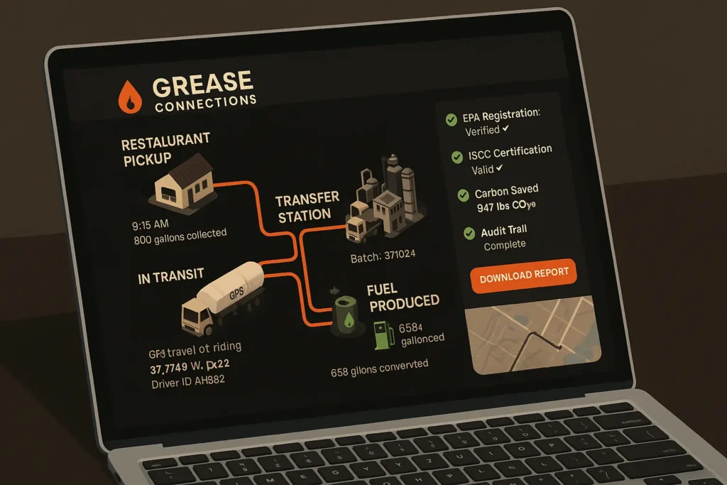Screenshot of Grease Connections dashboard showing chain of custody timeline.