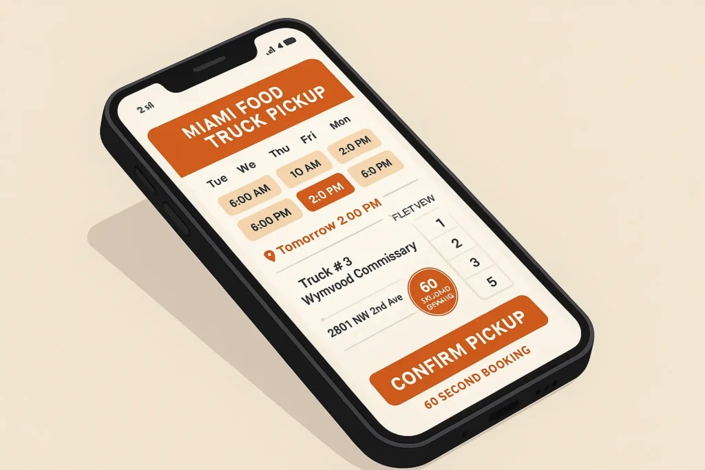 Mobile phone screenshot of the 24/7 scheduling portal showing available pickup slots.
