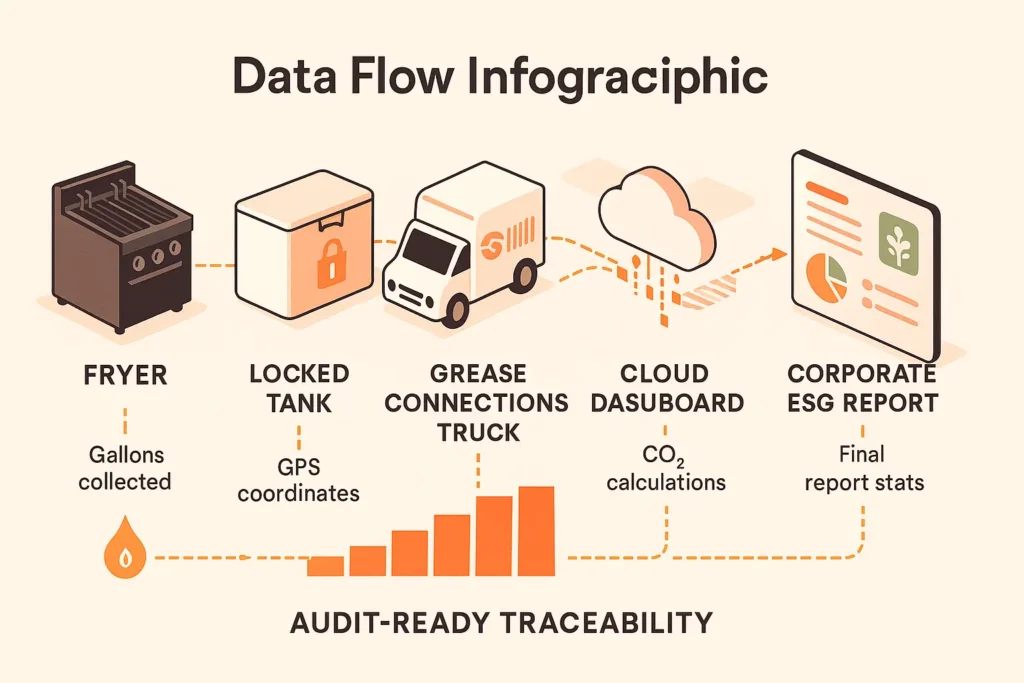 Infographic showing data flow: fryer → locked tank → Grease Connections truck → cloud dashboard → corporate ESG report.