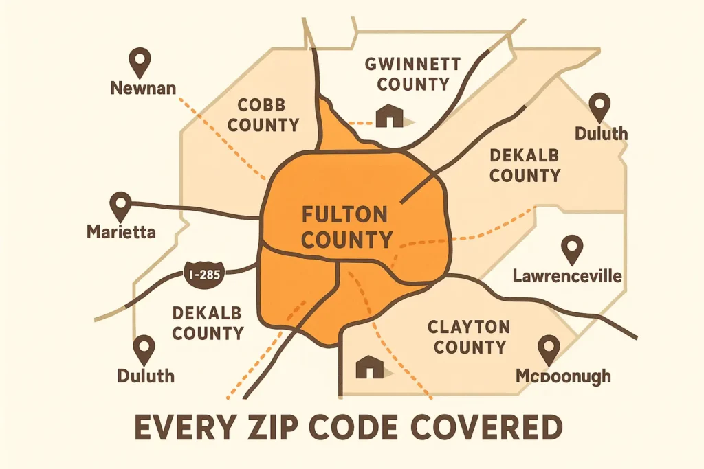 simple map highlighting Fulton, DeKalb, Cobb, Gwinnett, and Clayton counties with Grease Connections' weekly routes
