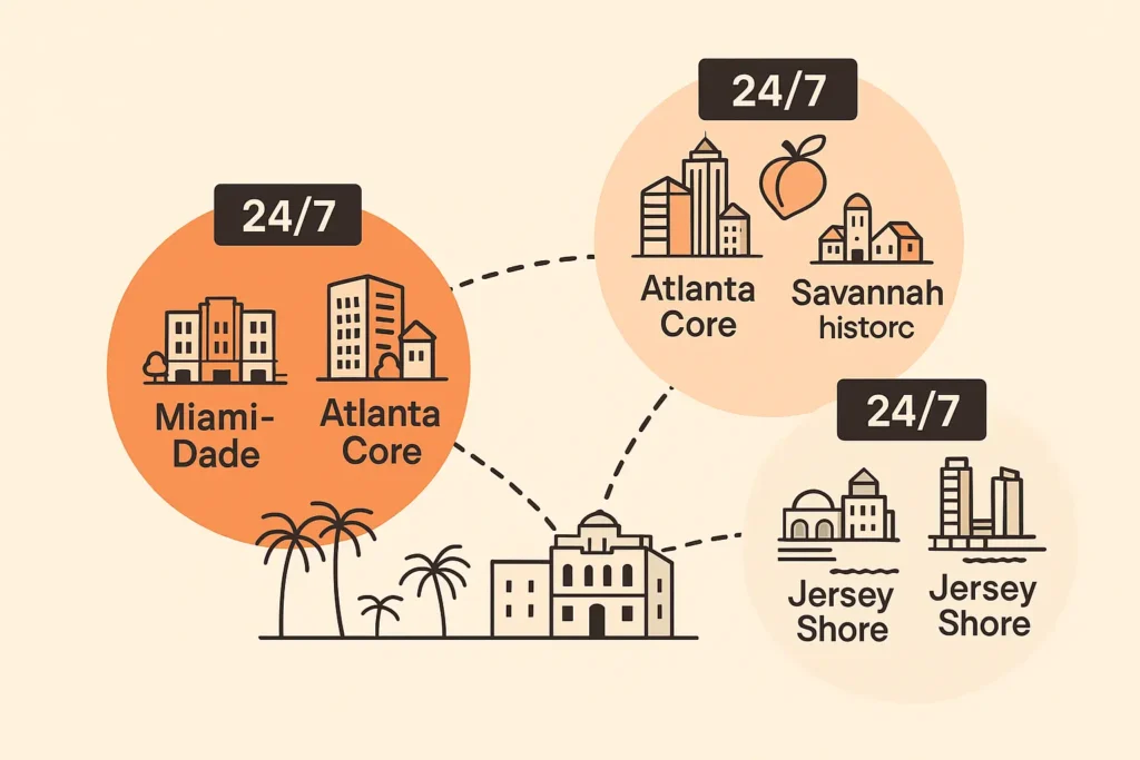  Minimalist map showing coverage bubbles: Miami Dade neighborhoods, Atlanta core, Jersey Shore luxury corridor