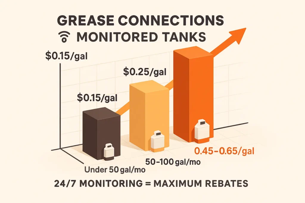 mall chart visualizing rebate tiers rising with volume, annotated "Grease Connections monitored tanks.