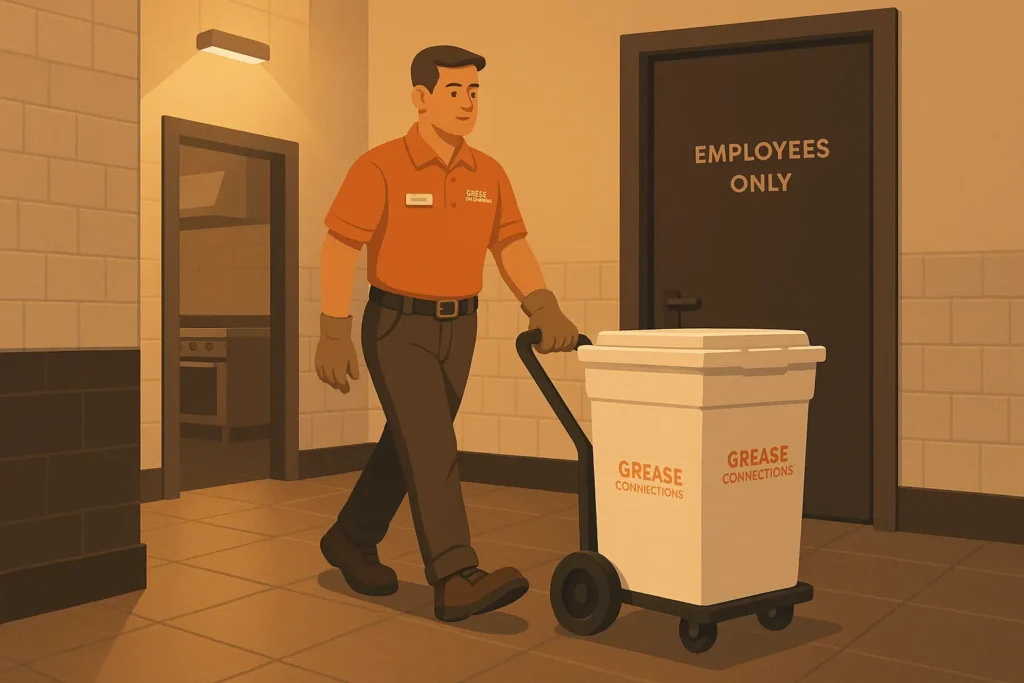 Technician in Grease Connections uniform quietly rolling a spill proof tote through a back door corridor