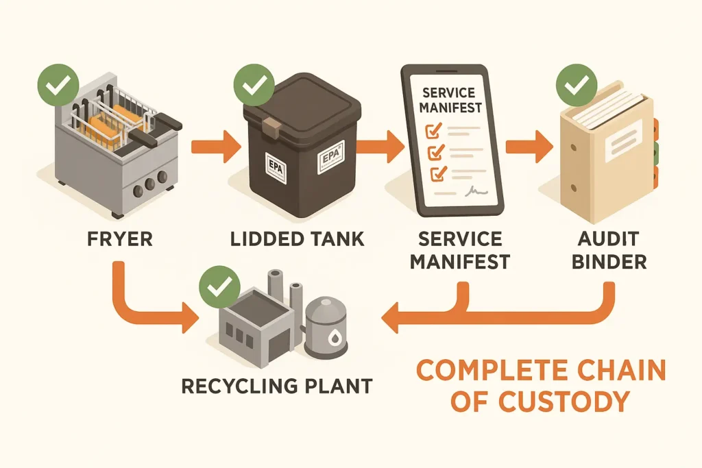 Simple workflow diagram icons showing "Fryer → Lidded Tank → Service Manifest → Recycling Plant → Audit Binder