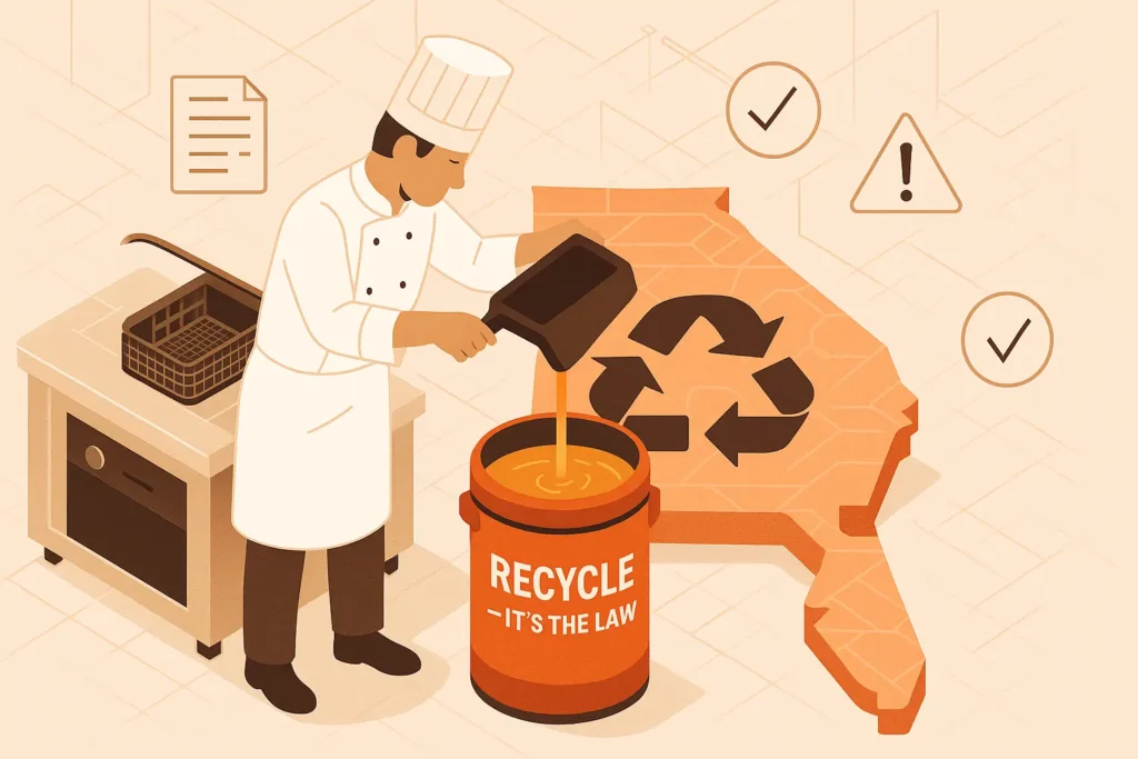 Flat design illustration of a cook pouring oil into a sealed yellow drum labeled "Recycle It's the Law"