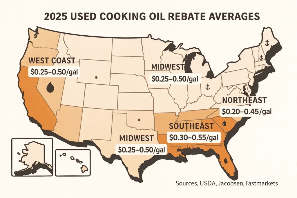 flat design U.S. map shaded to show average restaurant rebates Southeast $0.30 $0.55/gal, West Coast $0.30 $0.60/gal, Midwest $0.25 $0.50/gal, Northeast $0.20 $0.45/gal source labels: USDA, Jacobsen, Fastmarkets.